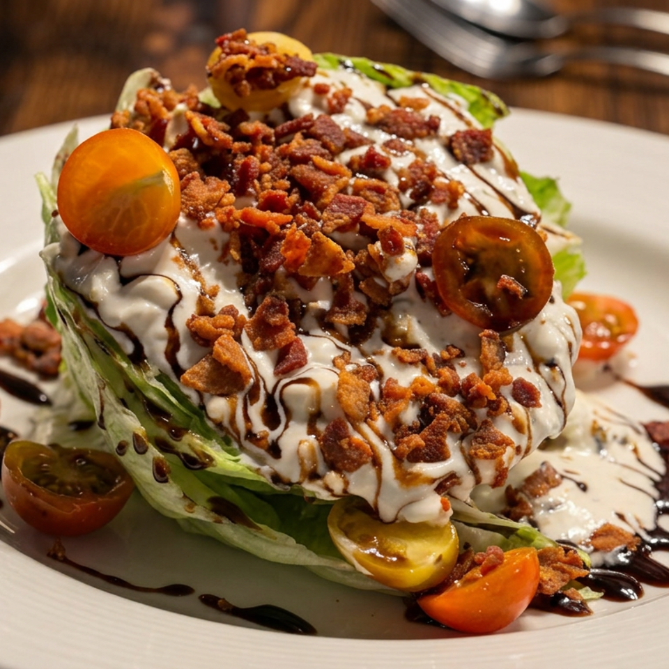 Gourmet wedge salad topped with creamy dressing, crispy bacon, cherry tomatoes, and balsamic drizzle on a white plate.