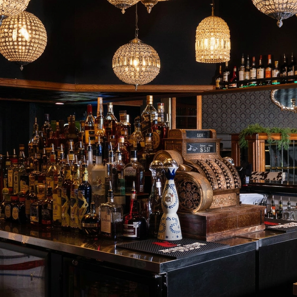Elegant cocktail bar with ornate pendant lights, rows of liquor bottles, vintage cash register, and glassware.
