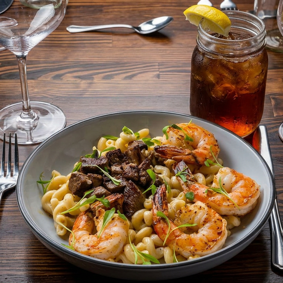 Plate of creamy pasta topped with grilled shrimp, seared beef, and greens on a wooden restaurant table with drinks and cutlery.