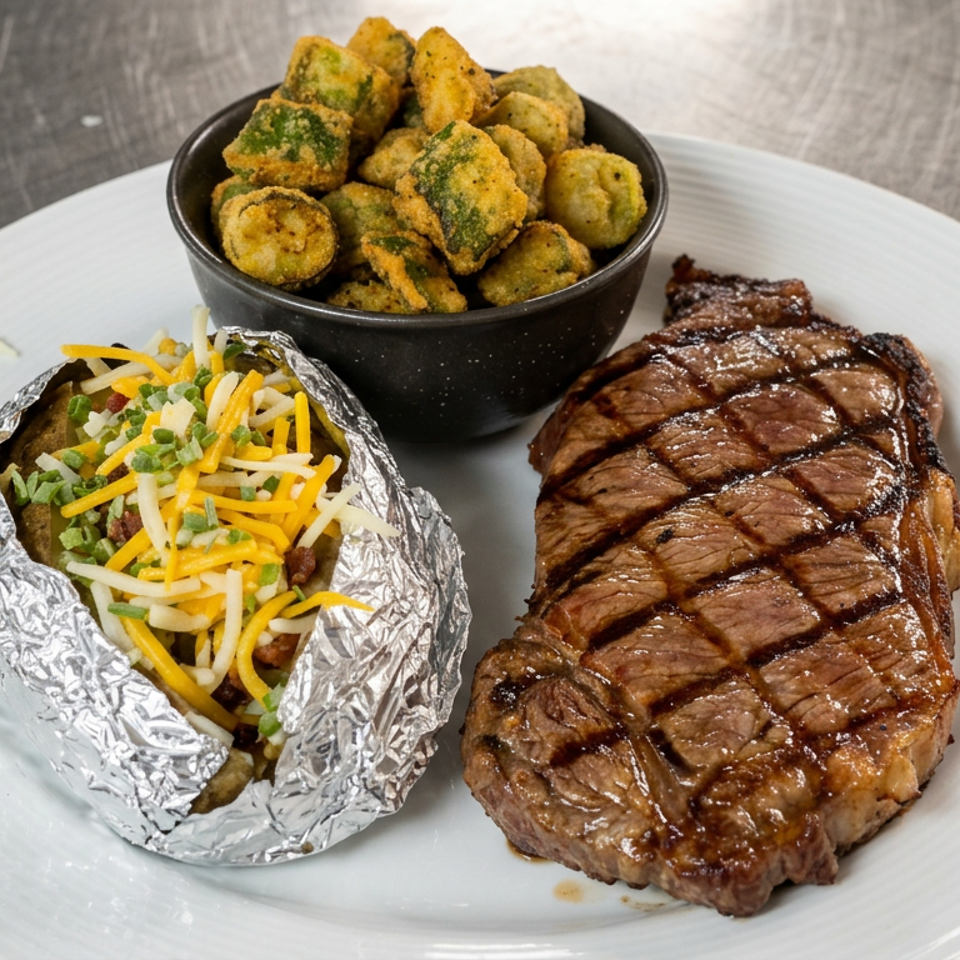 Grilled steak with crosshatch marks, loaded baked potato in foil, and fried okra on a white plate.
