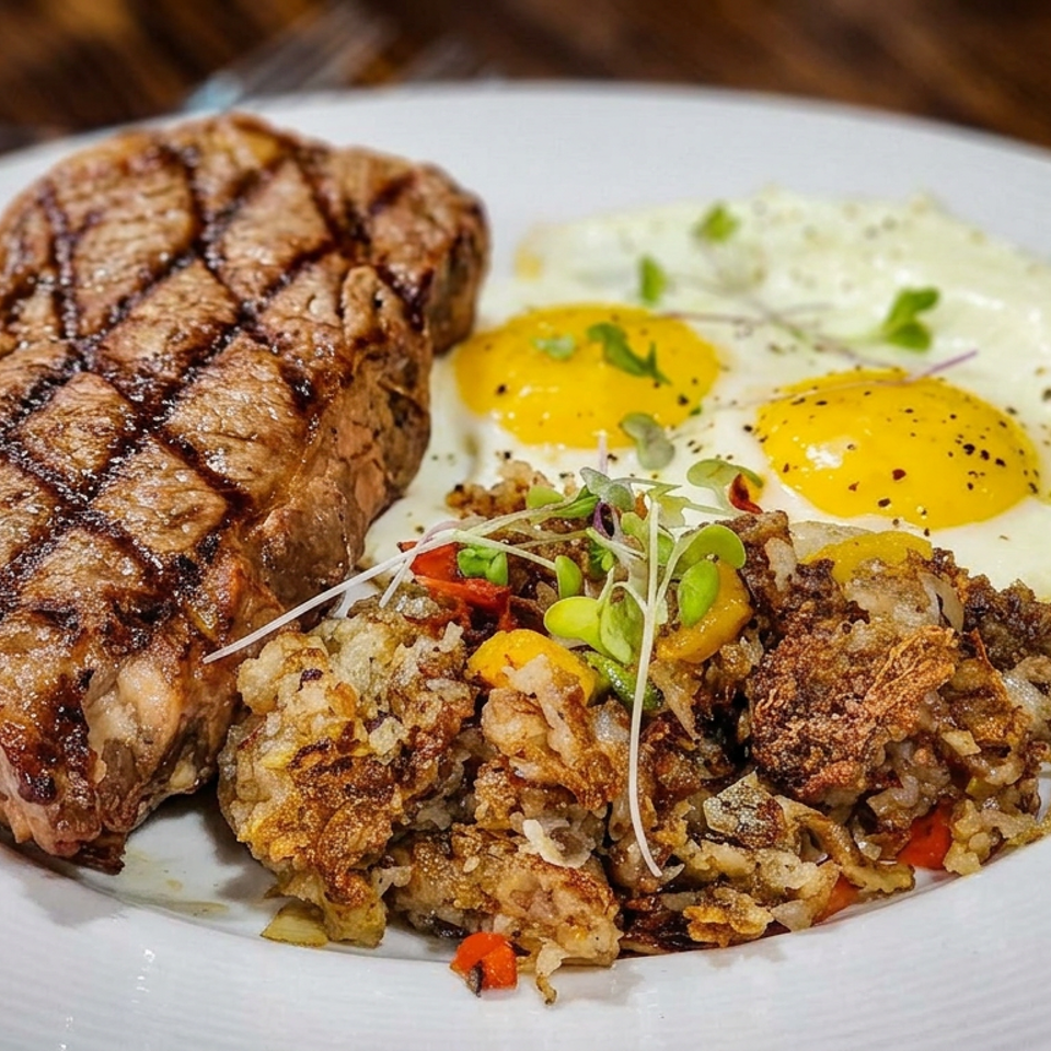 Grilled steak served with two sunny-side-up eggs and crispy fried vegetables garnished with microgreens on a white plate.