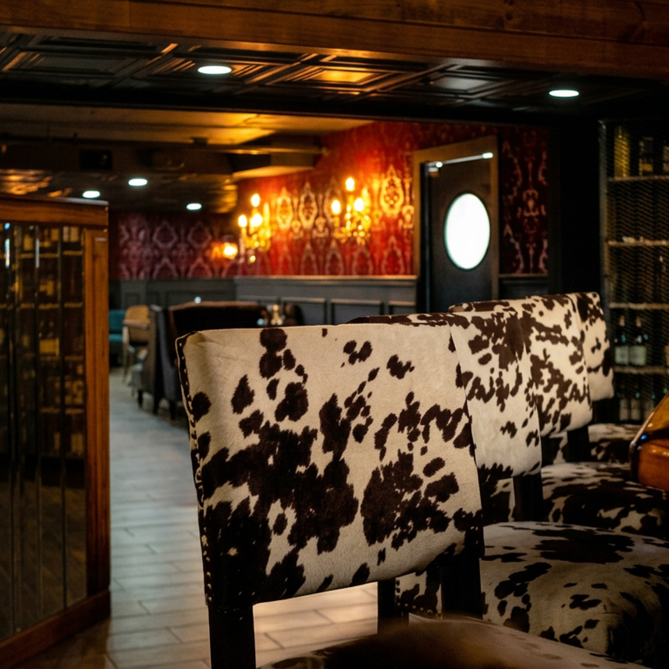 Warmly lit restaurant interior with cow-print chairs, wooden tables, patterned wallpaper, and a wall of wine bottles.