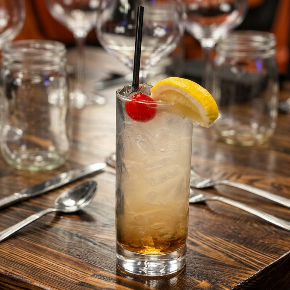 Iced whiskey cocktail garnished with a lemon wedge and cherry on a rustic restaurant table set with glasses and silverware.
