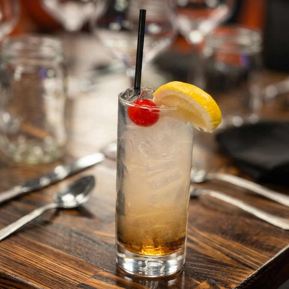 Tall iced cocktail garnished with a lemon wedge and cherry, served on a wooden restaurant table with place settings.