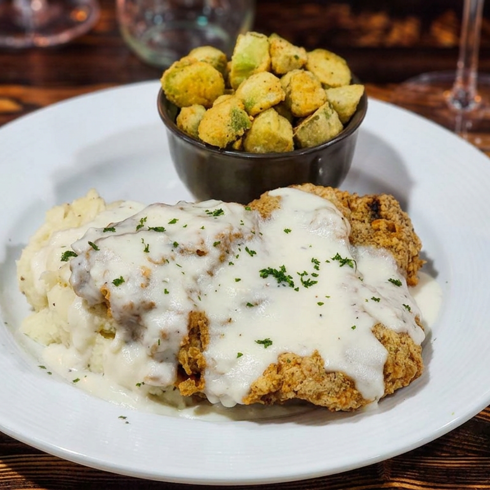 Crispy fried chicken smothered in creamy gravy with mashed potatoes and seasoned vegetables on a white plate.