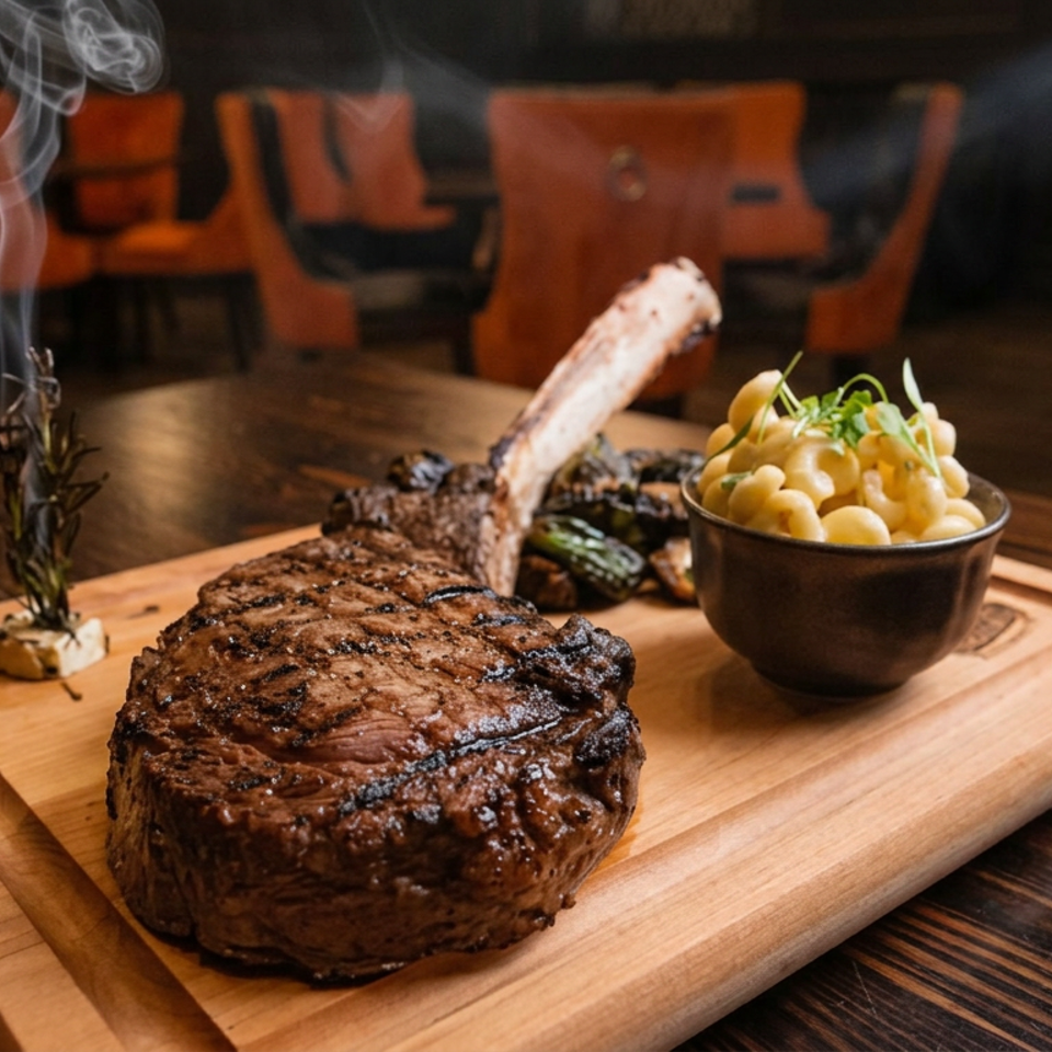 Grilled steak with roasted vegetables, creamy potatoes, and smoking rosemary served on a wooden board in a warmly lit restaurant.