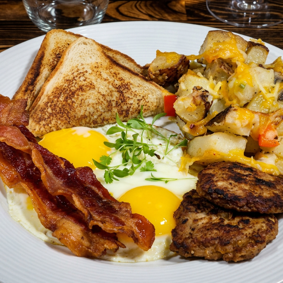 Breakfast platter with eggs, bacon, toast, cheesy breakfast potatoes, and two sausage patties on a white plate.