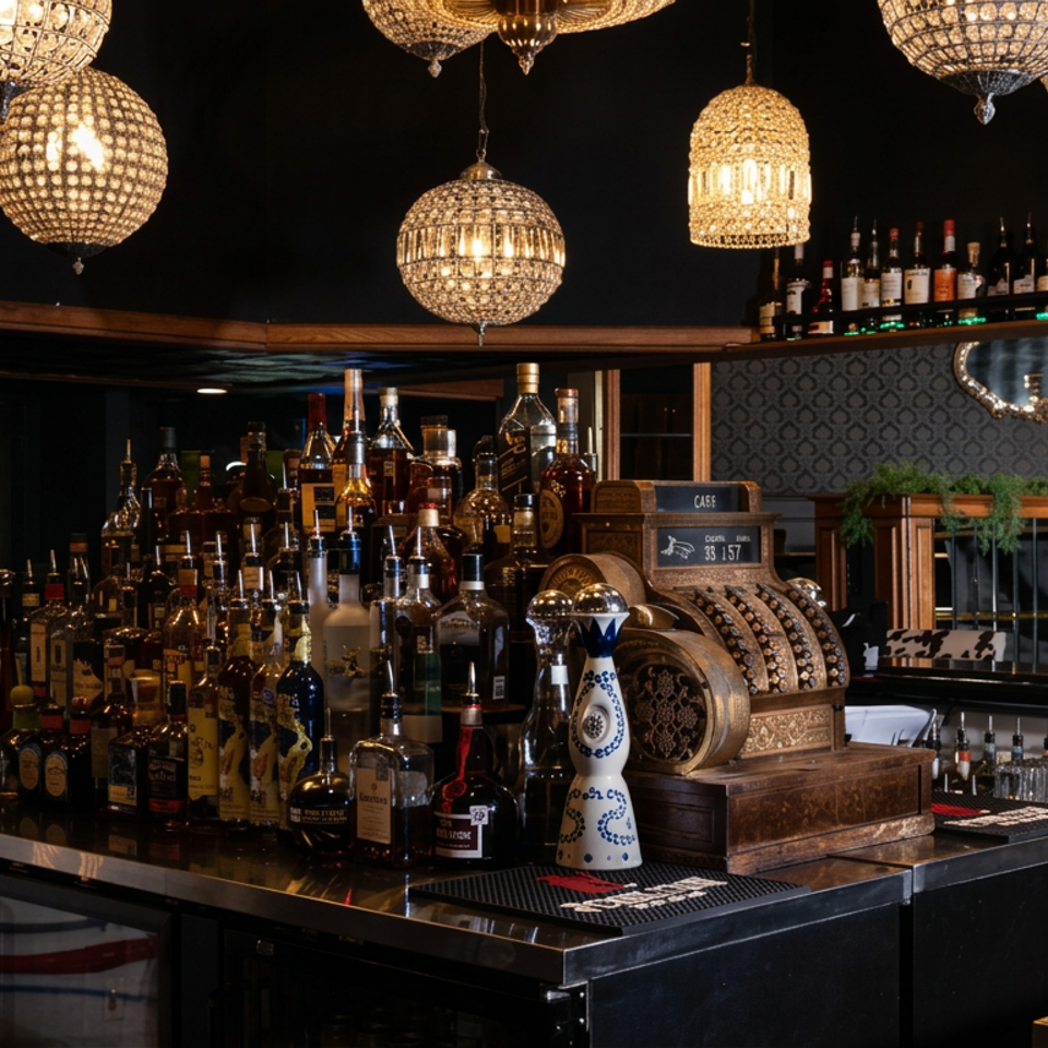 Elegant dark bar lined with liquor bottles, a vintage cash register, and sparkling chandeliers overhead.