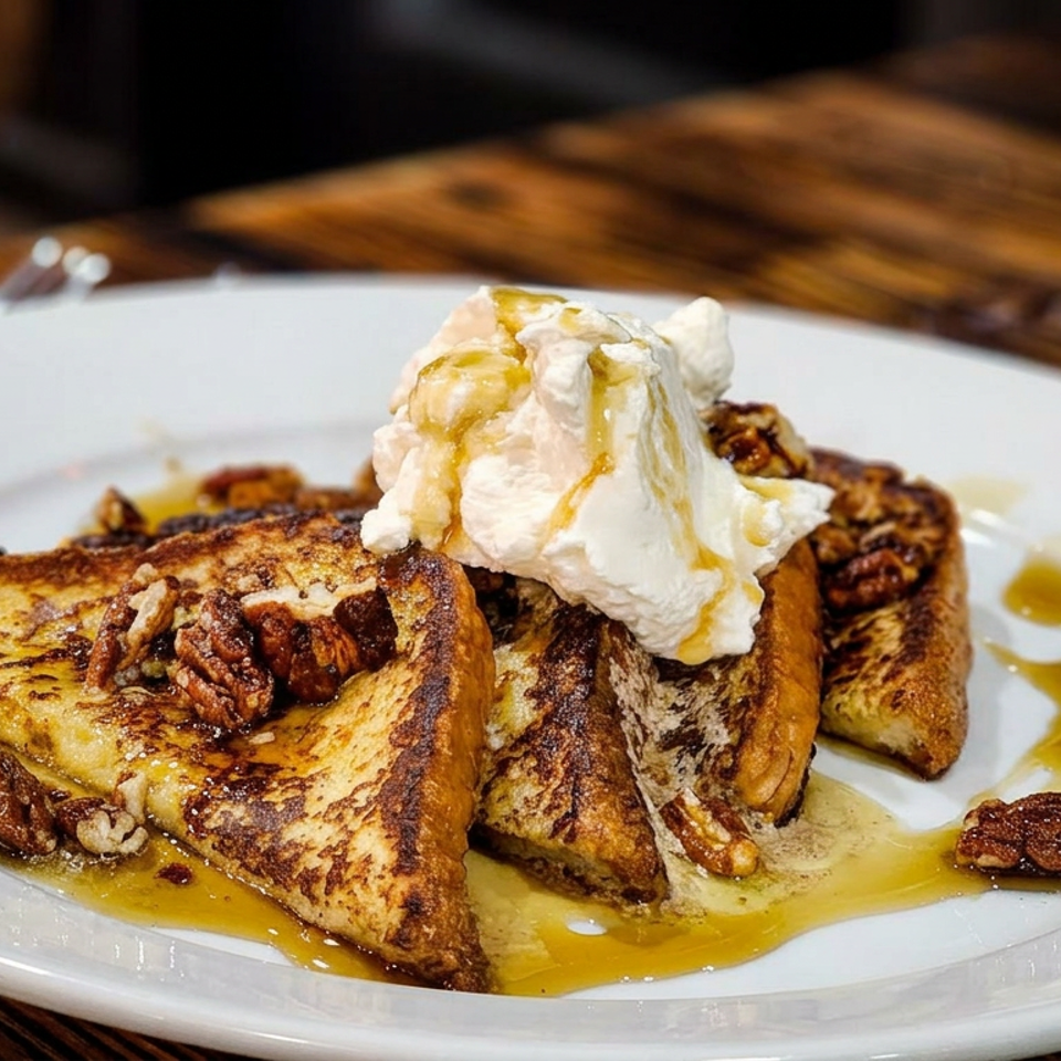 Golden French toast topped with whipped cream, pecans, and syrup on a white plate at a rustic wooden table.