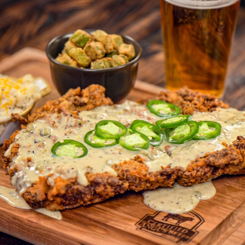 Crispy fried chicken steak topped with pepper gravy and jalapeños, served with cheesy potatoes, fried okra, and beer on a wooden board.