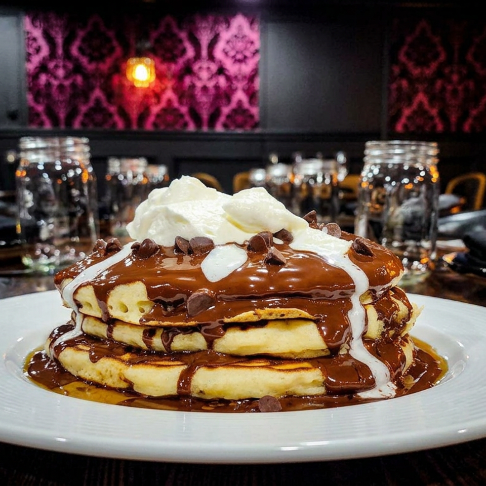 Stack of pancakes drizzled with chocolate sauce, topped with whipped cream and chocolate chips, served in a dimly lit restaurant.
