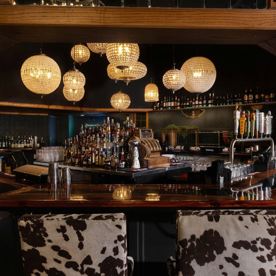Elegant restaurant bar with polished wood counters, cow-print seating, liquor shelves, and glowing crystal pendant lights.